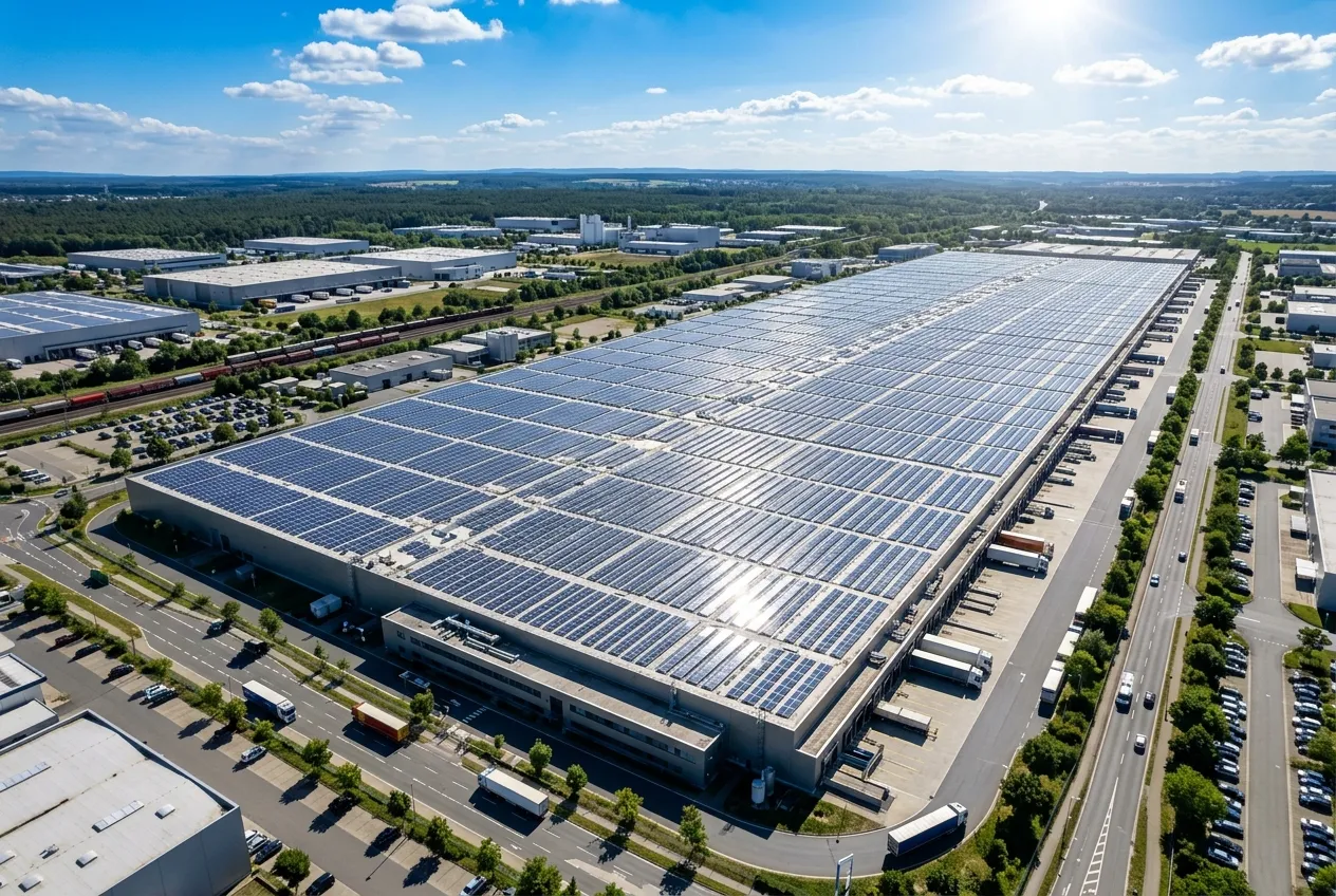 Toiture d’entrepôt équipée de panneaux solaires au coucher du soleil